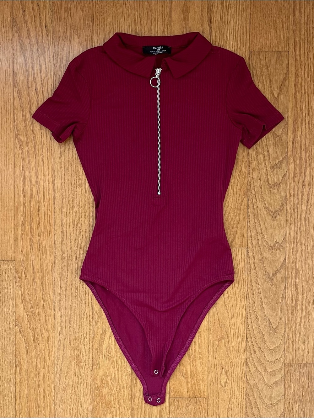 Bershka burgundy ribbed bodysuit with zipper detail in XS